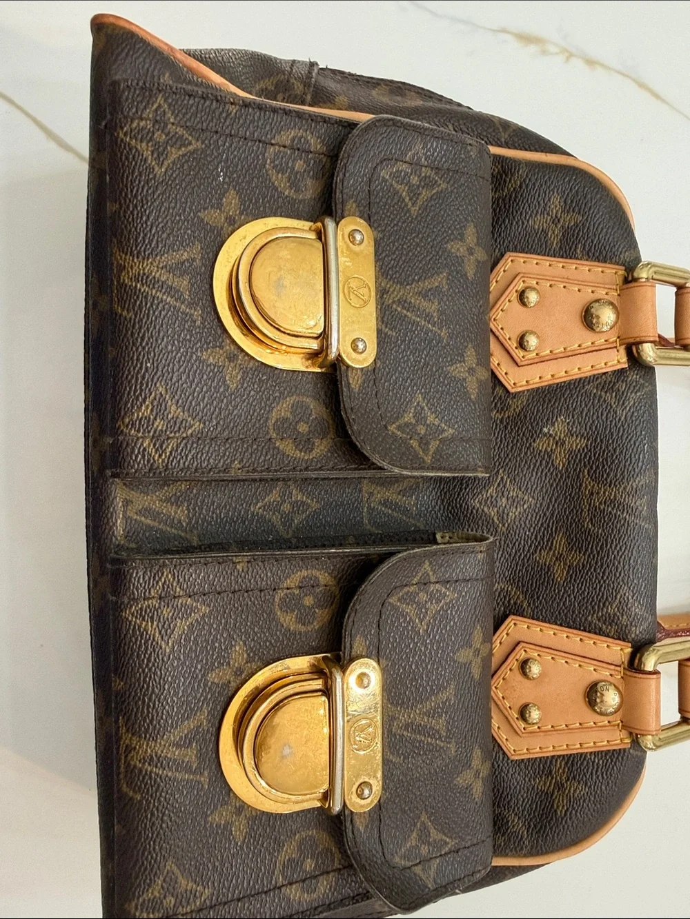 Louis Vuitton Manhattan PM Brown Monogram Canvas Satchel with Dual Front Pockets